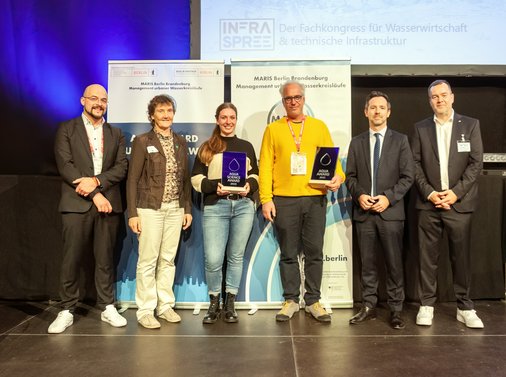 Gruppenfoto der Preisverleihung AQUA AWARD 2023. (v.l.n.r.: Wolfgang Korek, Regina Gnirß, Elisa Zscherper, Sven Hänichen, Sts Dr. Severin Fischer, Dirk Pritsch)